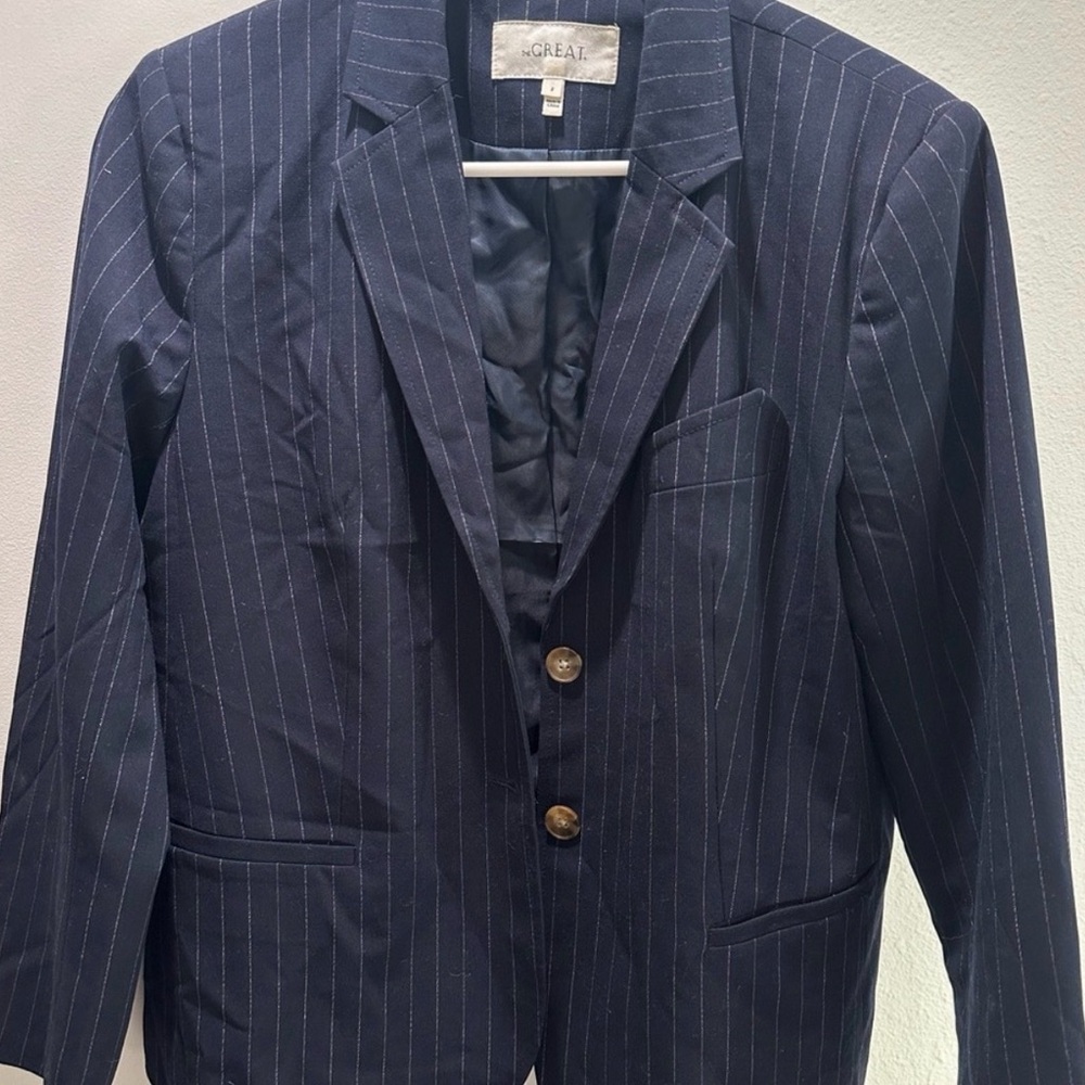 THE GREAT. Navy Striped Blazer